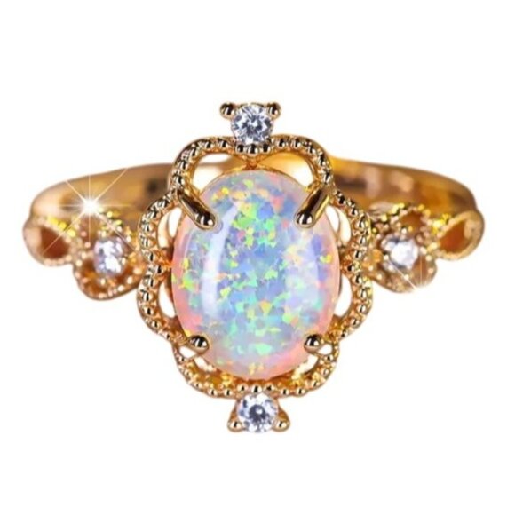 White Egg Shape Opal Rings Ethiopian Fire Opal Engagement Ring 14K Gold plated - Picture 3 of 4